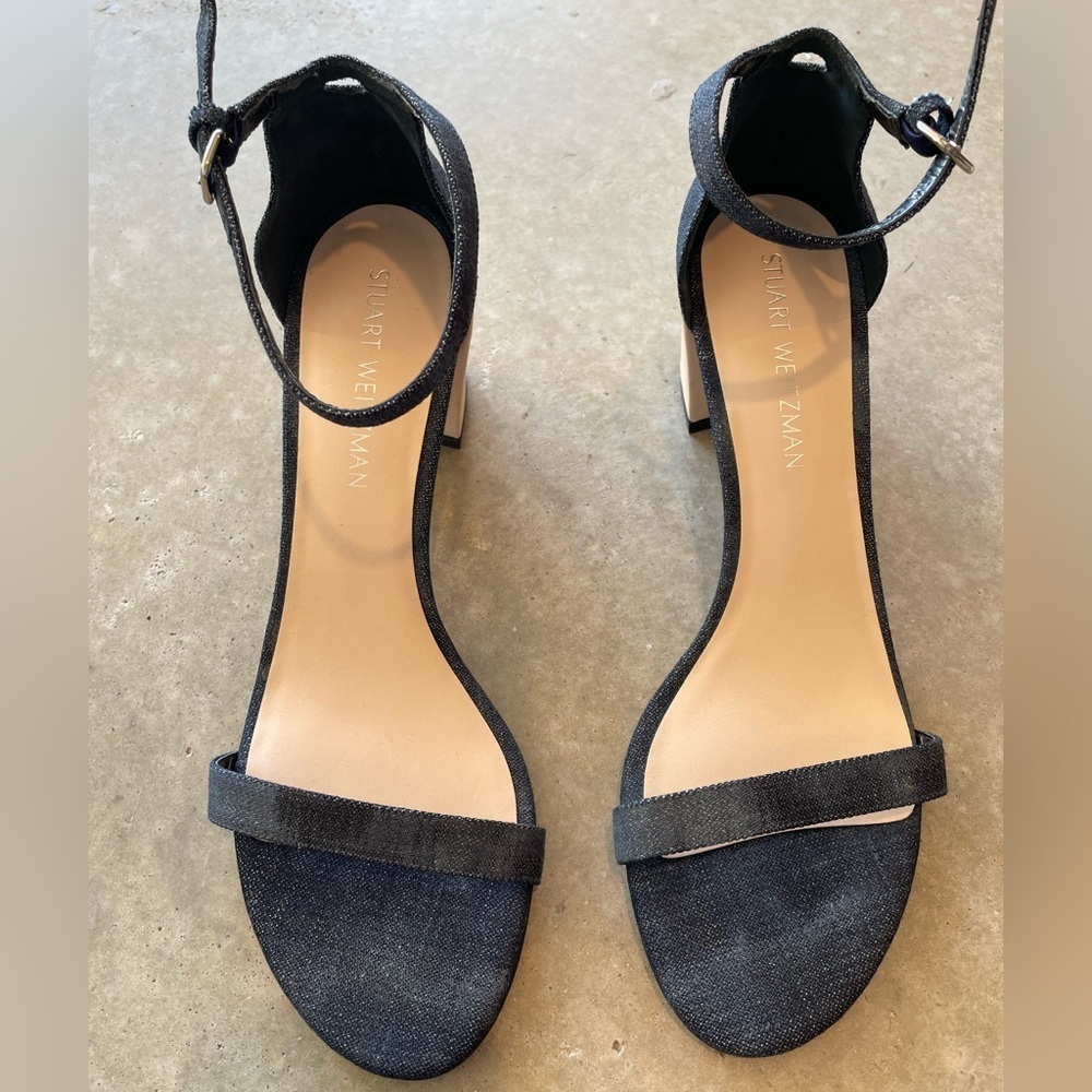 Stuart Weitzman Denim Ankle Strap Block Heel Sandals 9.5 Made in Spain - Picture 2 of 7